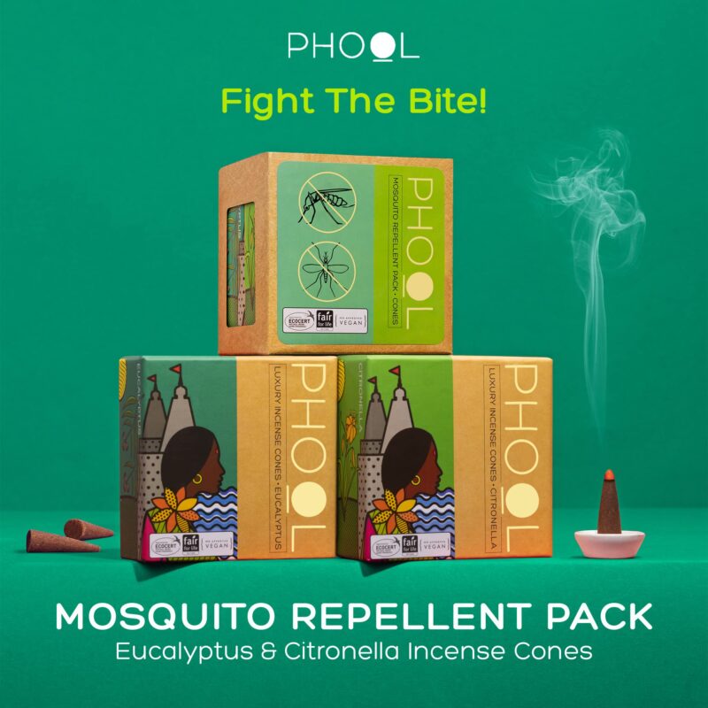 PHOOL LUXURY INCENSE Mosquito Repellent|Pack Of 2(80 Organic Dhoop Cones|2 Fragrances- Citronella&Eucalyptus)+1 Free Ceramic Holder|Handrolled|Sulphur&Charcoal Free|100% Organic(500 Gms) - Image 6