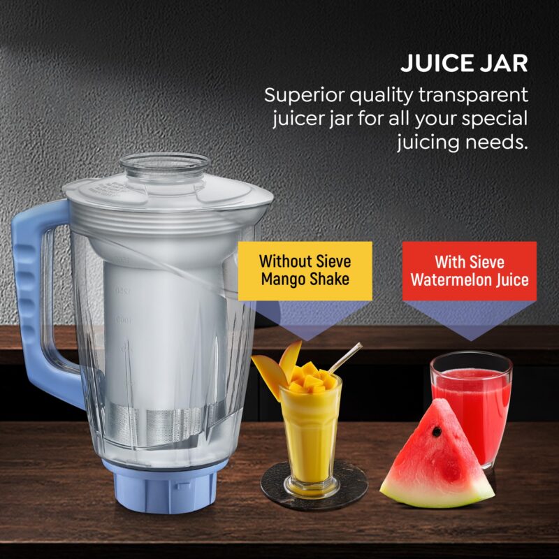 Prestige Iris 750 Watt Mixer Grinder with 3 Stainless Steel Jar + 1 Juicer Jar (White and Blue) - Image 5