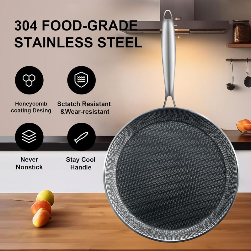HaRvic Nonstick Crepe Pan Stainless Steel Crepe Pan, Honeycomb Coating Flat Skillet Tawa Dosa Tortilla Omelet Griddle Pan, Induction Compatible (28CM) - Image 8