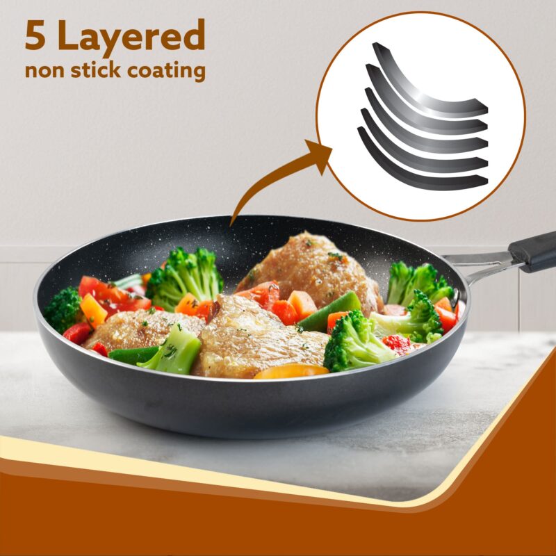 AGARO Elegant Non Stick Frying Pan, 2.25L Capacity, 24 cm Diameter, Induction and Gas Oven Friendly, Riveted Cool Touch Handle, Granite Finish, PFOA Free, 4mm Thick, Cooking, Frying, cookware, Black - Image 5