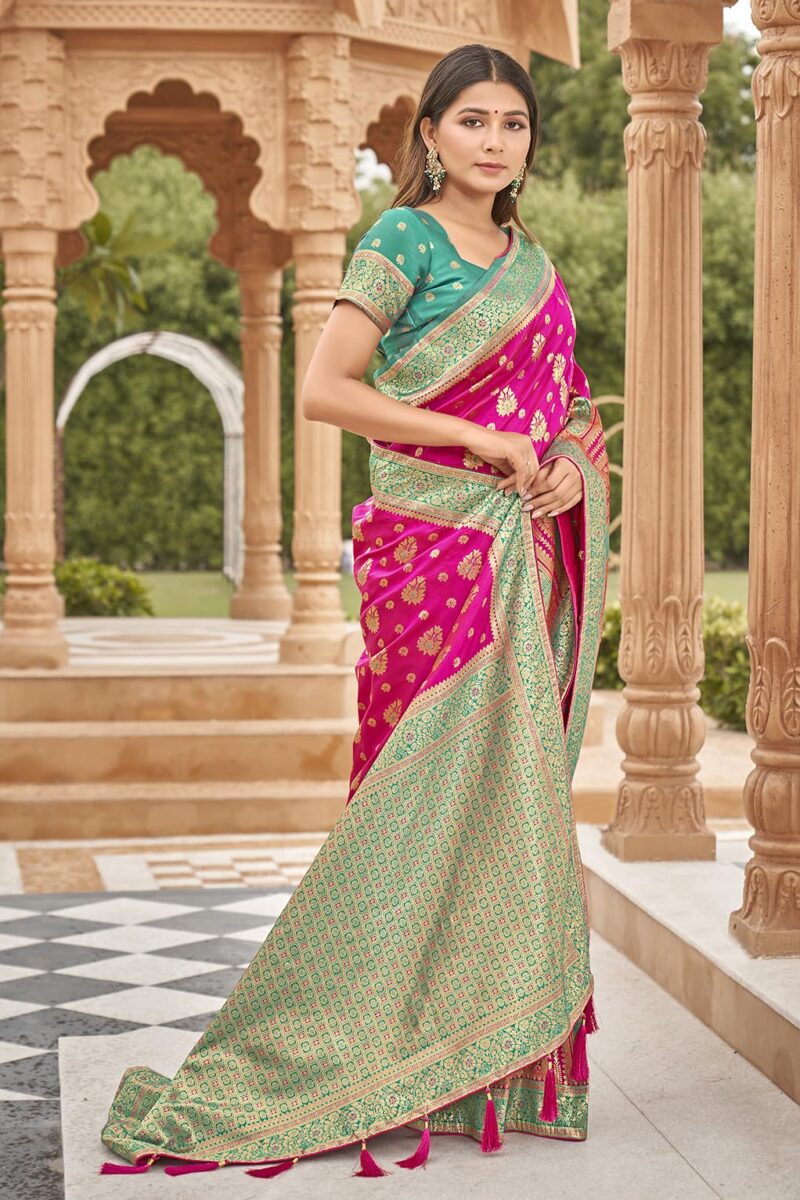 Monjolika Fashion Women's Rani Pink color Banarasi Silk blend Zari Weaving work Saree With Blouse (MNJ-8201_ Rani Pink) - Image 5