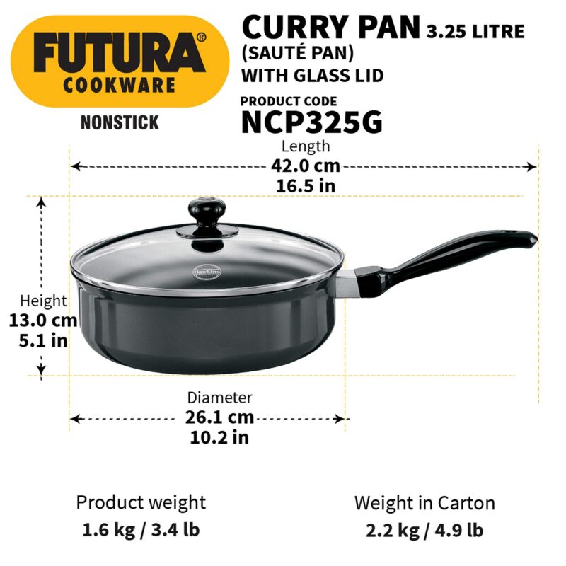 Hawkins Futura 3.25 Litre Curry Pan, Non Stick Saute Pan with Glass Lid, Deep Pan for Frying, Black (NCP325G) - Image 6