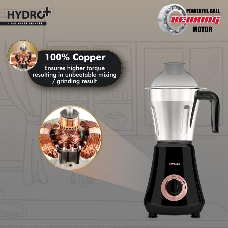Havells Hydro Plus 1000 watt 3 Jar Mixer Grinder with Ball Bearing Motor, 22000 RPM, Wider mouth Stainless Steel Jar, Hands Free operation, SS-304 Grade Blade & 2 Yr Manufacturer Warranty - Image 5
