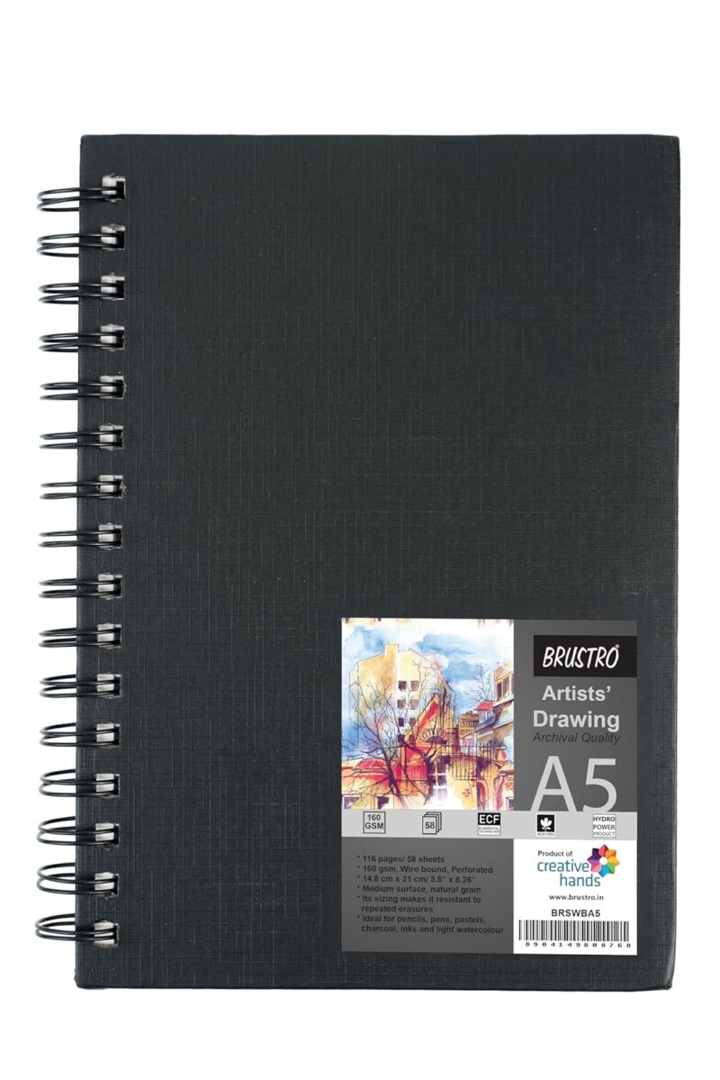 BRUSTRO Graphite Pencil set of 5 (2B, 4B, 6B, 8B, 10B) with Artists Sketch Book Wiro Bound A5 Size (14.8 CM x 21 CM), 116 Pages,160 GSM (Acid Free) and ECO PVC dust Free Erasers (2 Pcs) - Image 2