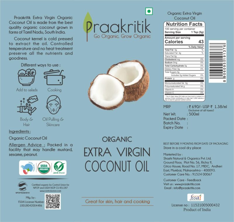 Praakritik Organic Extra Virgin Coconut Cold Pressed Oil 500ml | Highly Moisturising and Nourishing| Good for Digestion | Maintains Oral Health | Rejuvenates Cracked skin and Lips - Image 5