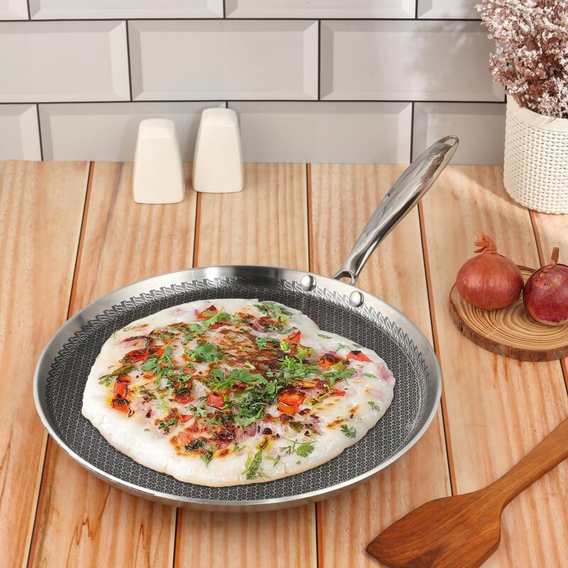 Vinod SAS Pro Platinum Triply Stainless Steel Dosa Tawa - 28 cm | 4.0 mm Thick | Hexa Design | Metal Spoon Friendly | Riveted Handle | Gas, Induction Base | 5-Year Warranty - Image 8