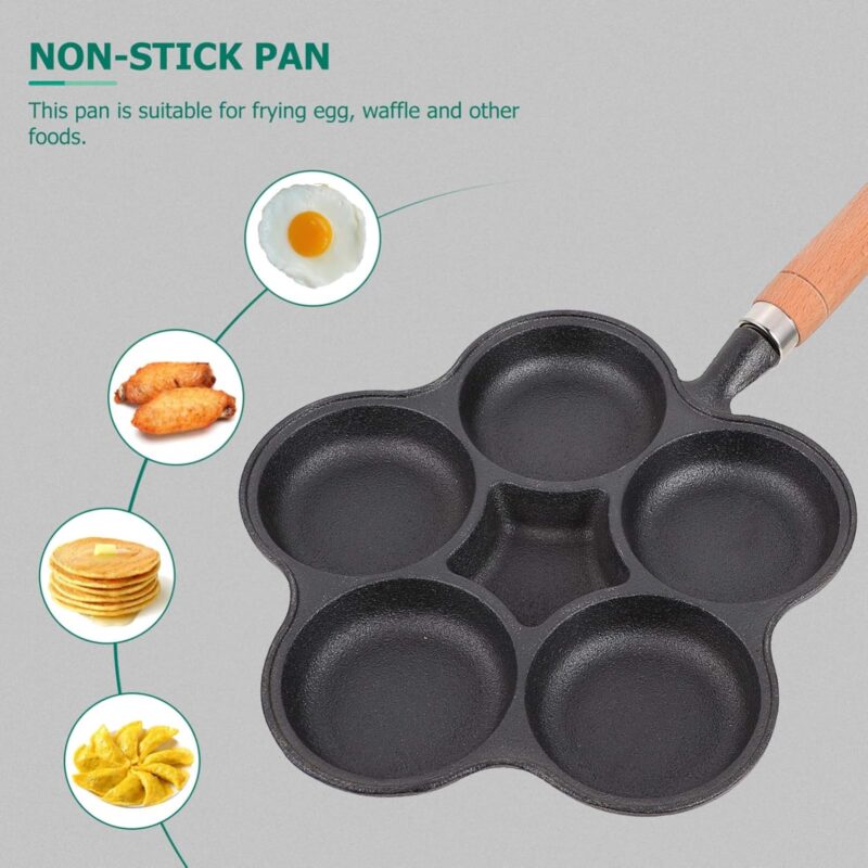 HomeEssentials Cast Iron Egg Pan - 6 Hole Nonstick Skillet with Wood Handle | Omelette Pan | Mini Uttapam Pan | Appam Patra | Litti Maker | Nonstick Pan for Eggs,Dumplings | Egg Frying Pan | 42 cm - Image 4