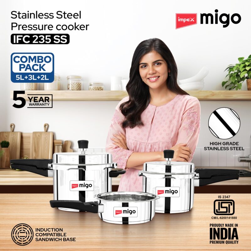 Impex Migo Stainless Steel Pressure Cooker With Outer Lid Induction and Gas Stove Compatible, 2, 3, 5 Litre Capacity for Healthy Cooking, with 5 Years Warranty - Image 7