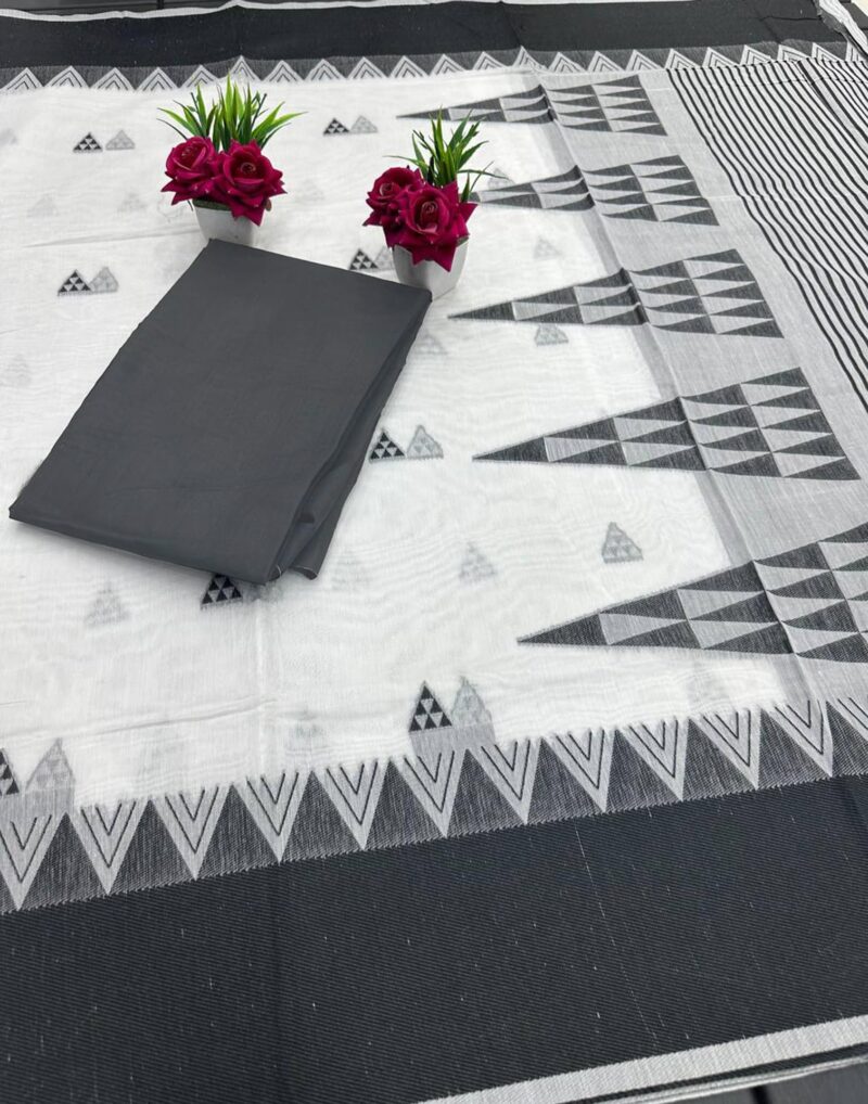 SIRIL Women's Cotton Silk Jamdani Jacquard Saree With Unstitched Blouse Piece (3684S132_White Black) - Image 4
