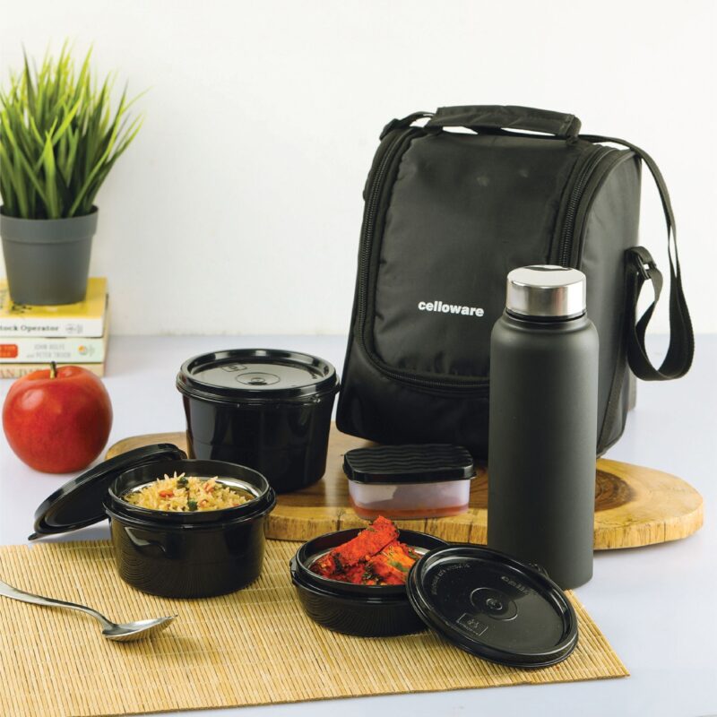 Black|MF All in One Lunch Box with Fabric Bag / 5 Piece