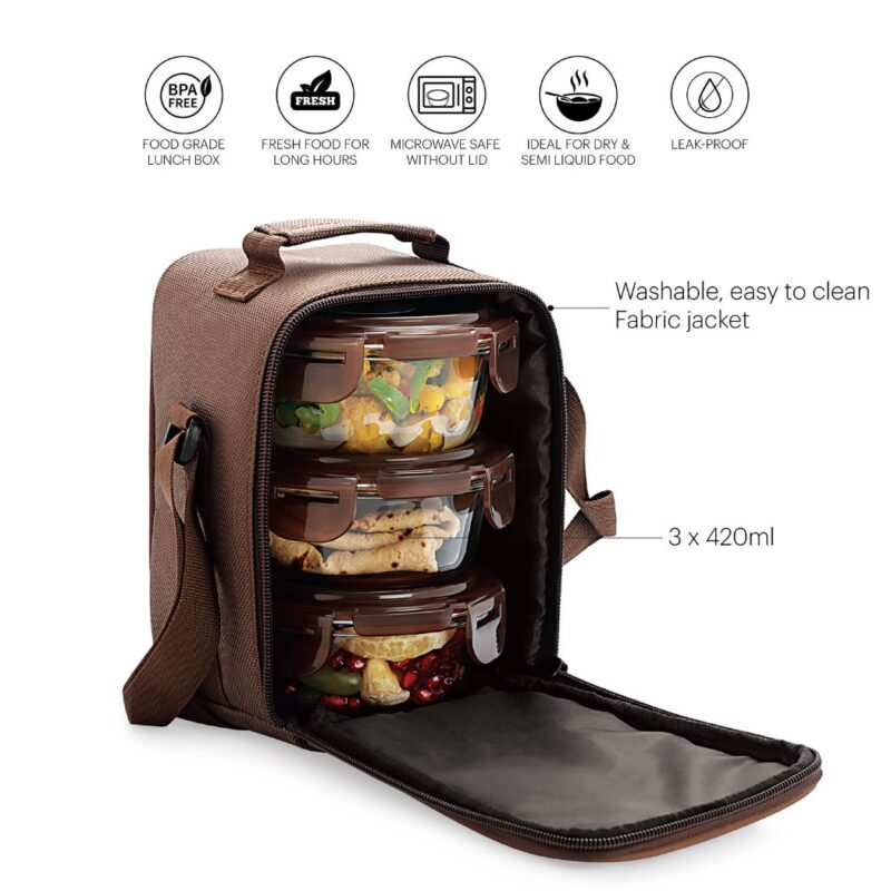 Seal-O-Fresh Borosilicate Glass Lunch Box with Jacket, Round, Set of 3 - Image 3