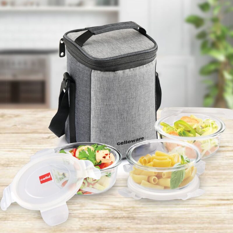 Clear|Delighta Borosilicate Glass Lunch Box with Jacket, Round / 3 Piece