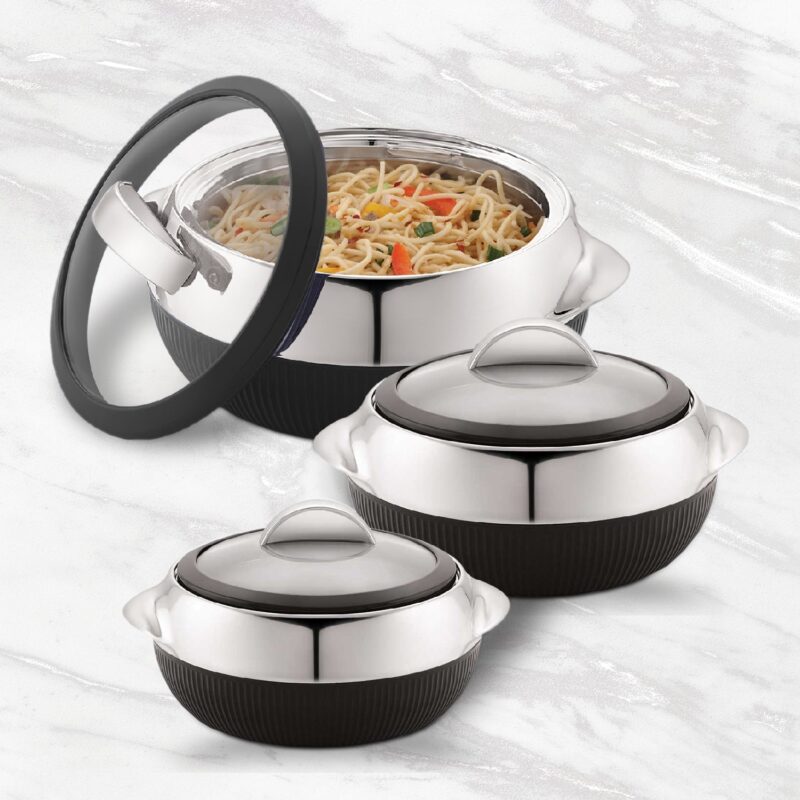 Black|Linea Insulated Casserole, Set of 3 / 600ml+1100ml+1700ml