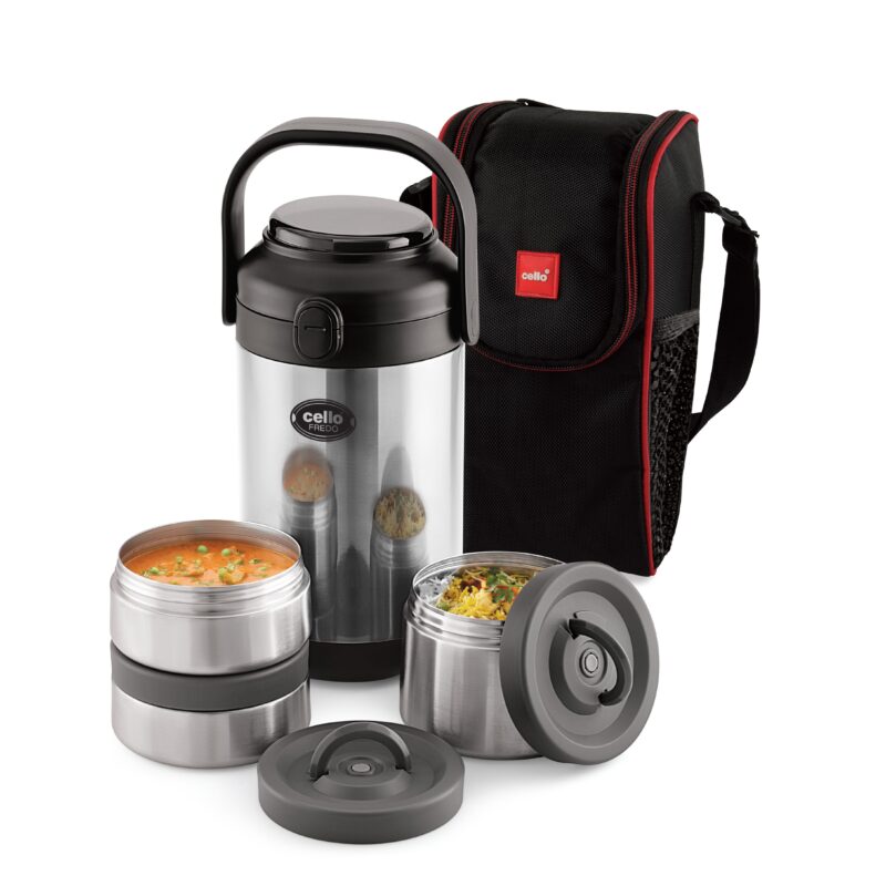Silver|Fredo Double Walled Insulated Lunch Box, Set of 3 / 3 Piece