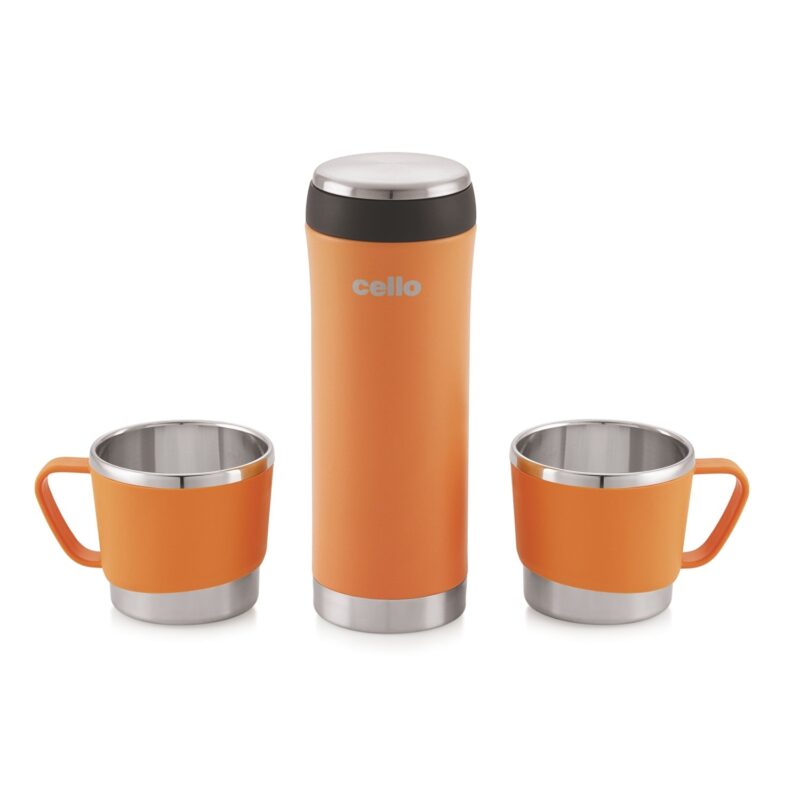 Orange|My Cup Vacusteel Flask with Mugs Gift Set, 3 Pieces / 3 Pieces