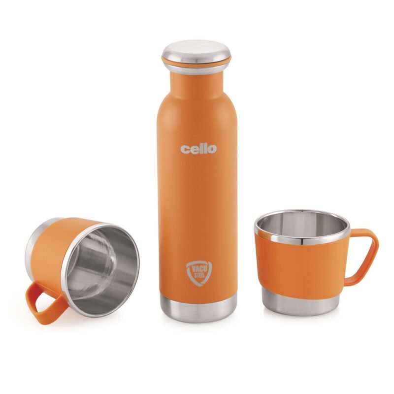 Orange|Cheer-Up Vacusteel Flask with Mugs Gift Set, 3 Pieces / 3 Pieces