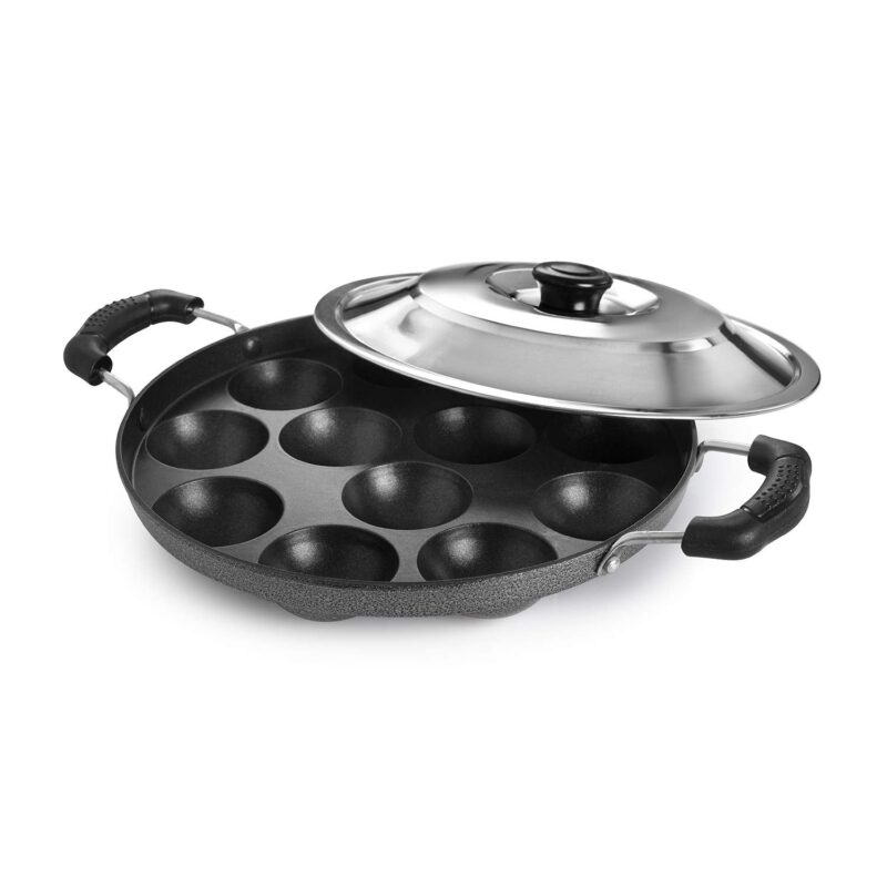 Non-Stick 12 Cavity Appam Patra 2 Side Handle with Stainless Steel Lid - Image 5