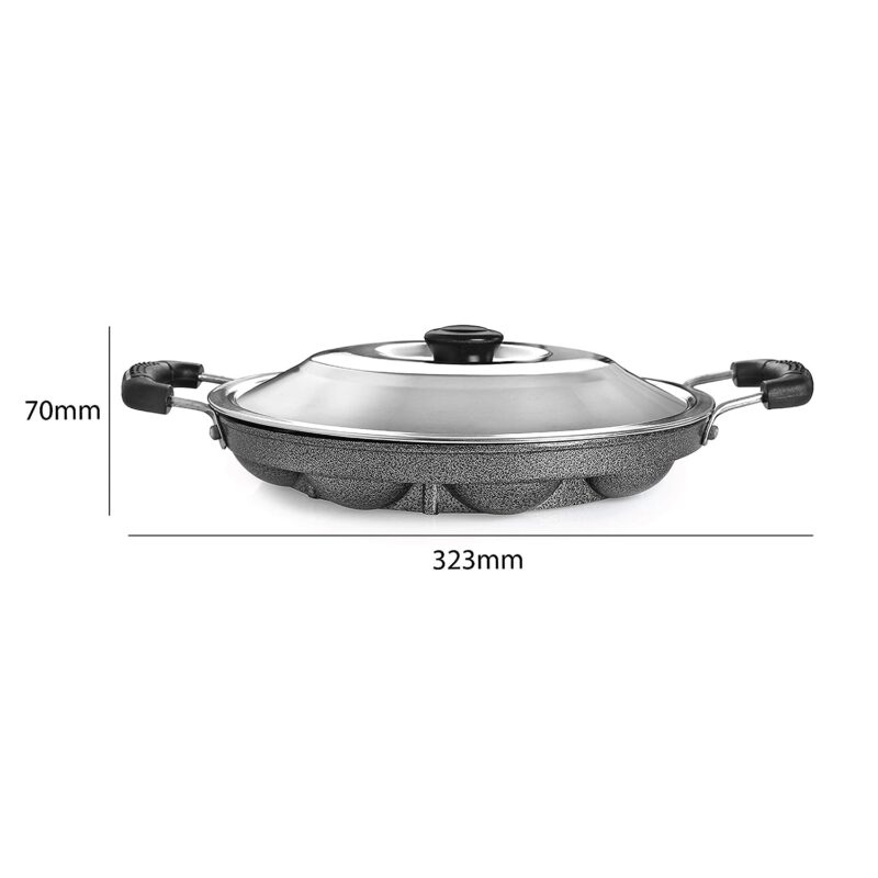 Non-Stick 12 Cavity Appam Patra 2 Side Handle with Stainless Steel Lid - Image 2