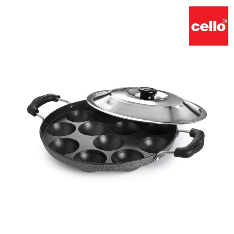 Non-Stick 12 Cavity Appam Patra 2 Side Handle with Stainless Steel Lid - Image 4