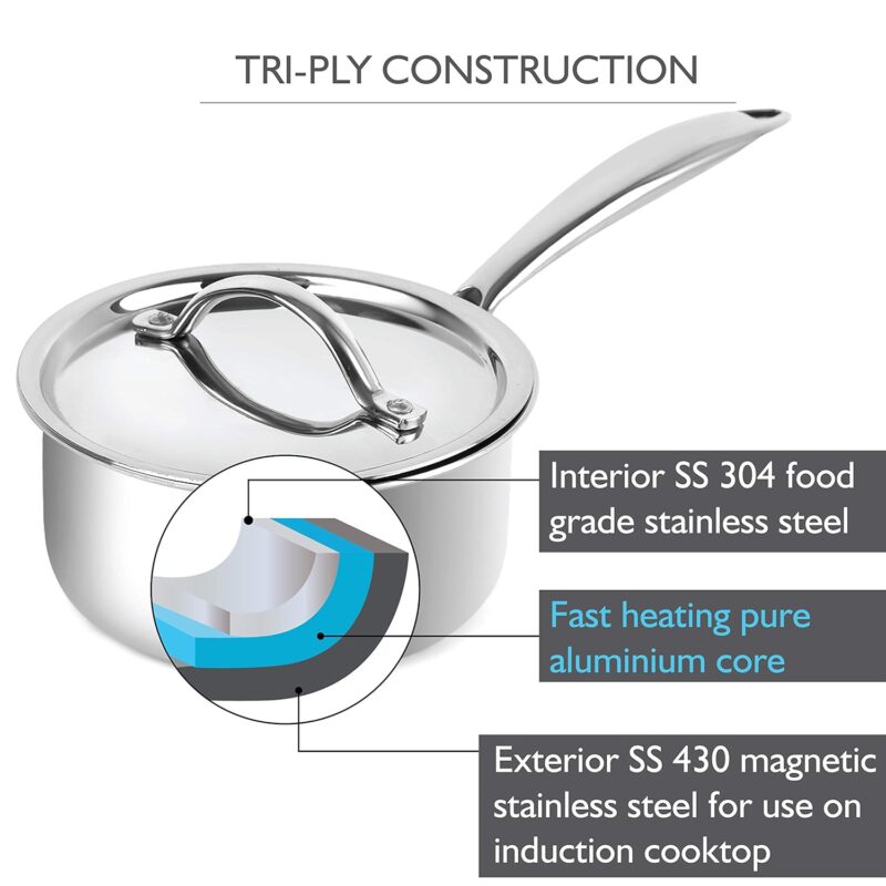 Tri-Ply Induction Base Stainless Steel Sauce Pan with Lid - Image 5