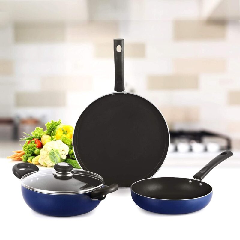 Blue|Non-Stick Prima Induction Base Cookware Set, 3 Pieces