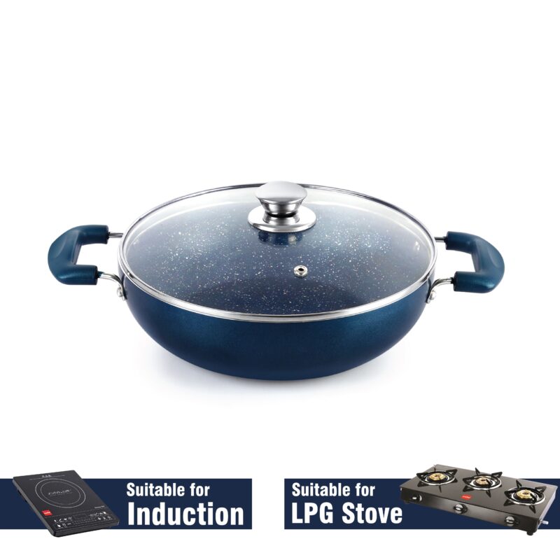 Oxford Non-Stick Induction Base Kadhai with Glass Lid, 3 Litres - Image 3