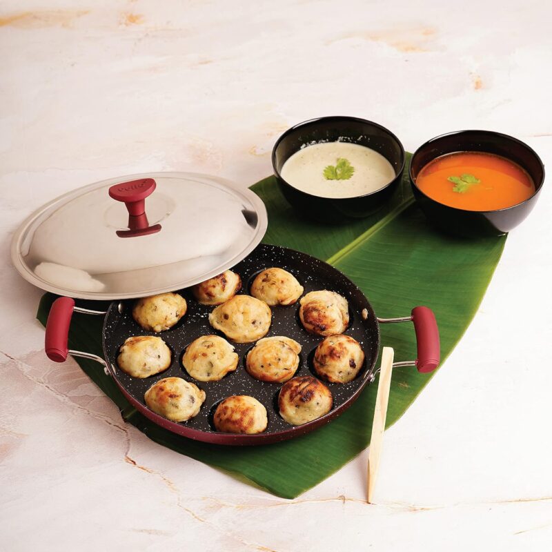 Maroon|Non-Stick Crown 12 Cavity Appam Patra, Maroon / Side Handle