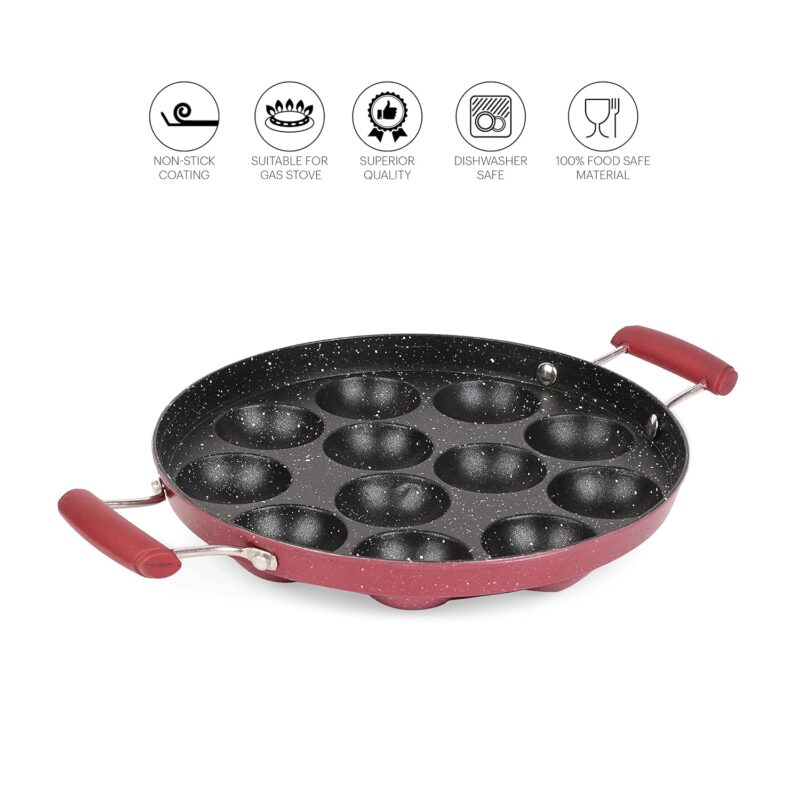 Non-Stick Crown 12 Cavity Appam Patra, Maroon - Image 4