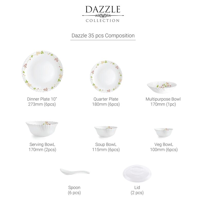 Dazzle Series 35 Pieces Opalware Dinner Set for Family of 6 - Image 28