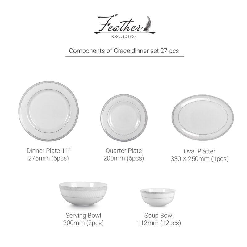 Feather Series 27 Pieces Opalware Dinner Set for Family of 6 - Image 21