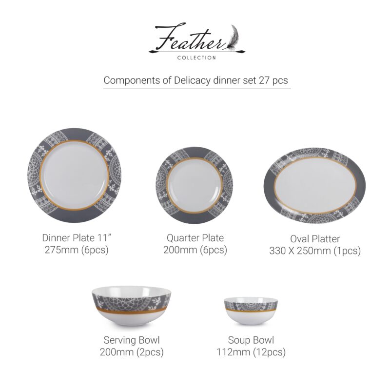 Feather Series 27 Pieces Opalware Dinner Set for Family of 6 - Image 25