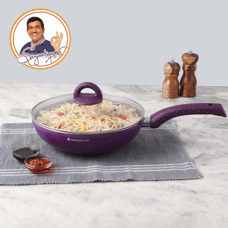 Granite Non-Stick Wok | Glass Lid | Induction Bottom | Soft-Touch Handles | Virgin Aluminium | PFOA and Heavy Metals Free | 3.5mm Thick| 24cm, 2.7 litres | 2 Year Warranty | Purple - Image 7