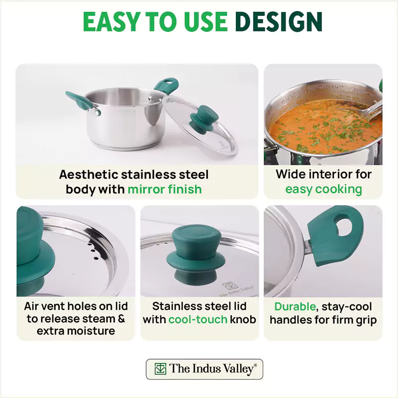 Tri-Steel Stainless Steel Biryani Pot+ Lid, Premium Quality, Tri-ply (3 Layer) Bottom, Soft-touch Handles, 100% Toxin-free, Non-stick, Induction & Gas, 1.5/2 L, 16.9/19 cm - Image 8