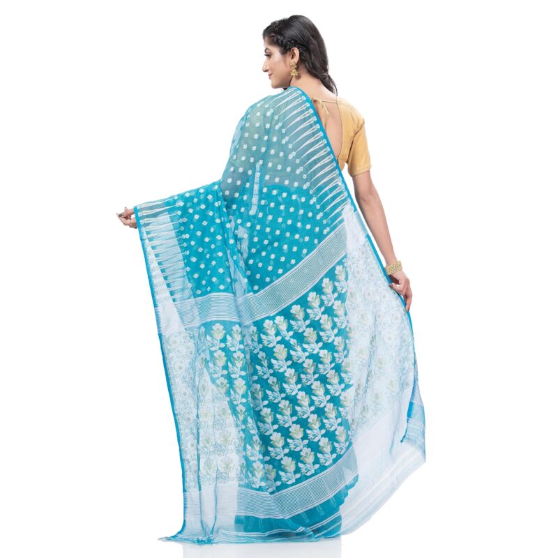 dB DESH BIDESH Women`s Resham Dhakai Jamdani Bengal Pure Cotton Handloom Saree Diamond Queen Design (Blue) - Image 6