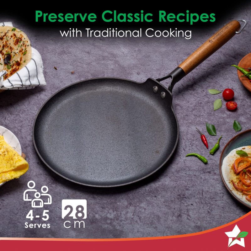 Wonderchef Pre-Seasoned Ferro Light 28cm Dosa Tawa | 4MM | Acacia Wooden Handles | Gravity Moulding Technology | No Chemical Coating |10 Year Warranty - Image 2