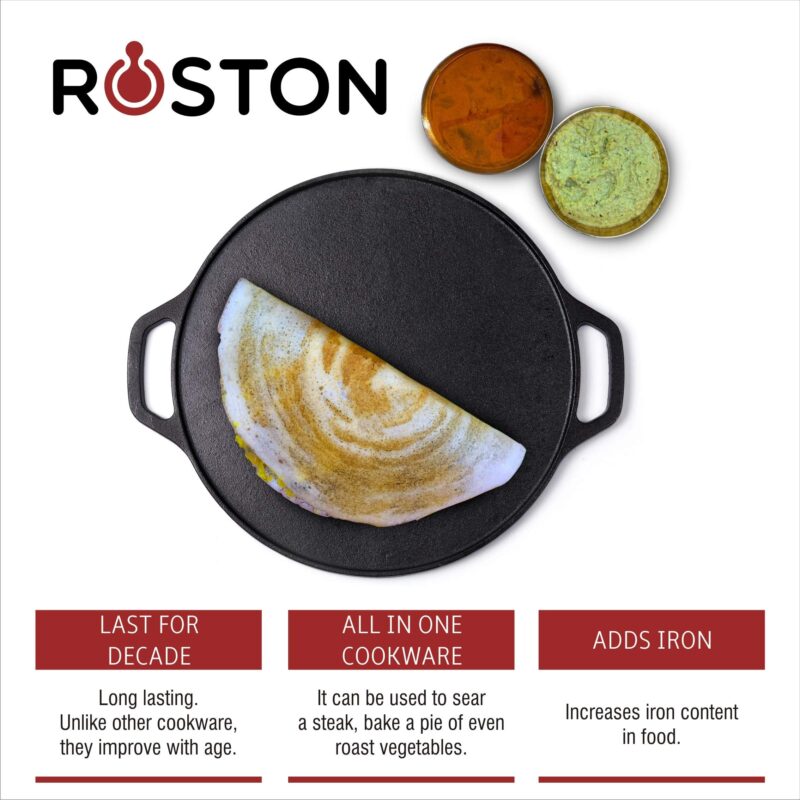 ROSTON Cast Iron Tawa Dosa | Cookware Flat Vessel Pre Seasoned | Ideal for Cooking Dosa Chapati Pizza Roti Thava(Thava Kallu Kitchen Accessories) - Image 6