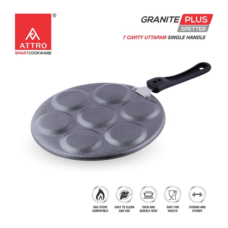 Attro Non Stick Heavy Duty 7 Cavity Single Handle Uttapam Tawa, Spatter Finish, Black - Image 6