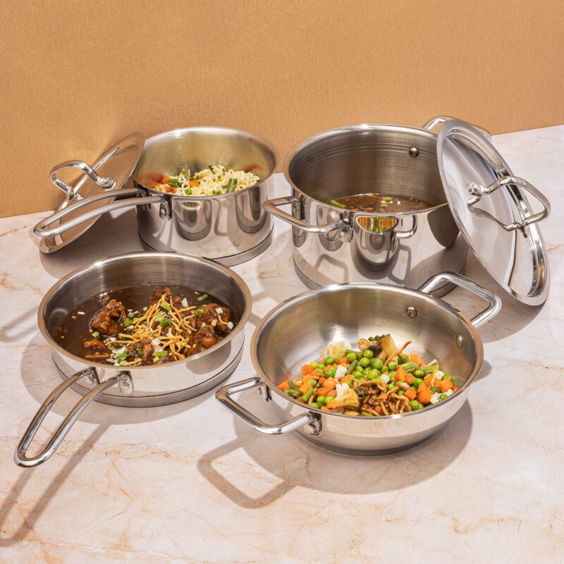 Vinod Cookware Classic Deluxe Stainless Steel Induction Friendly 4 Pcs. Set (16cm Saucepan with Lid, 18cm Sauce Pot with Lid, 20cm Kadai with Lid, 20cm Fry Pan Without Lid) - Image 6