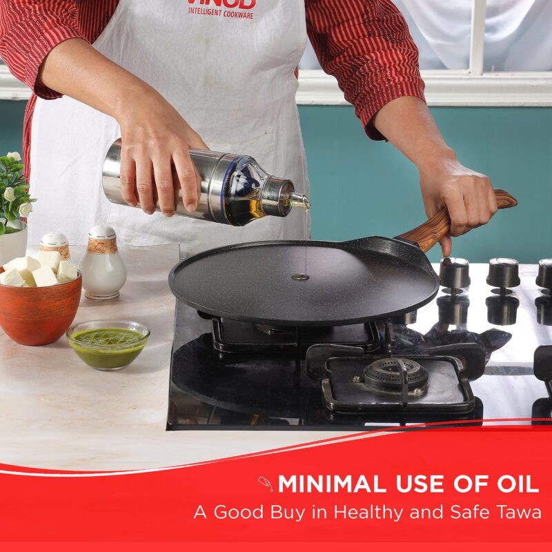 Vinod Zest Plus Die Cast Aluminium Non Stick Tawa - 28 cm | Roti / Paratha / Dosa Tawa with Wooden Handle | 5mm Thick | Induction and Gas Base | 2 Year Warranty - Image 7