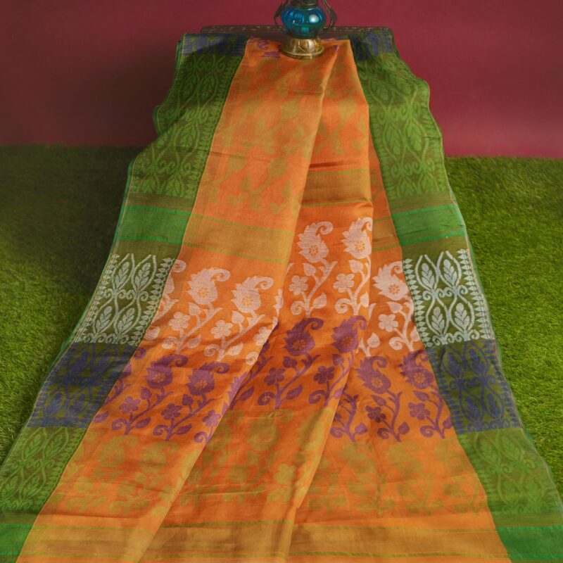 Mayabi Women's Pure Cotton Dhakai Jamdani Tant Saree with All Over Floral Work, Without Blouse Piece - Dusty Orange - Image 3