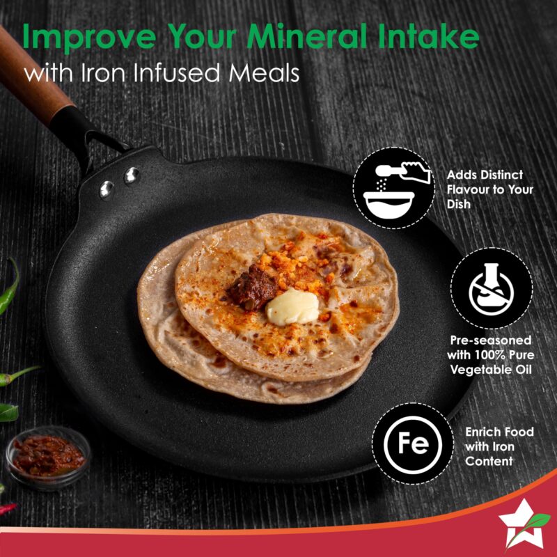 Wonderchef Pre-Seasoned Ferro Light 28cm Dosa Tawa | 4MM | Acacia Wooden Handles | Gravity Moulding Technology | No Chemical Coating |10 Year Warranty - Image 6