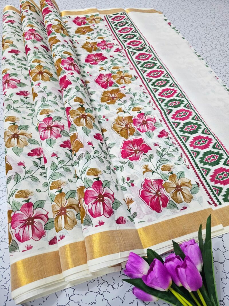 Onam Special Kerala Kasavu Cotton Saree With Rich Pallu and Running Blouse Piece (Saree 5.5 meter, Blouse 0.8 meter) - Image 4
