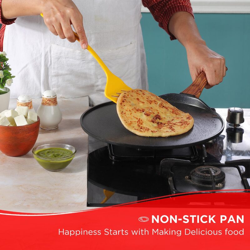 Vinod Zest Plus Die Cast Aluminium Non Stick Tawa - 28 cm | Roti / Paratha / Dosa Tawa with Wooden Handle | 5mm Thick | Induction and Gas Base | 2 Year Warranty - Image 8
