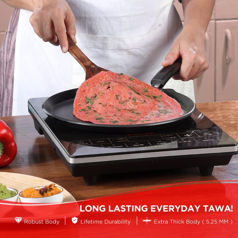 Vinod Hanos Hard Anodised Non Stick Dosa Tawa - 27 cm| 5.25mm Thick | 5X Long Lasting Tawa | Soft Touch Handle | Metal Spoon Friendly | Induction & Gas Base | 2 Year Warranty - Image 4