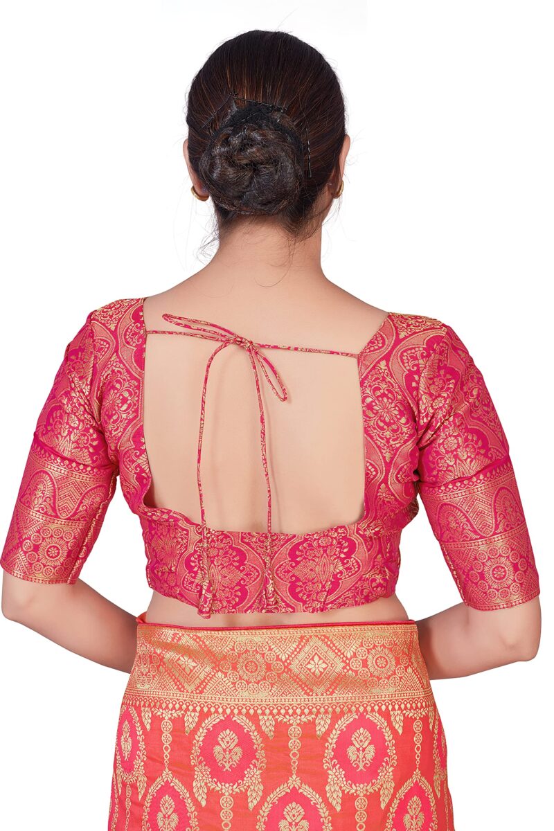 Monjolika Fashion Women's Banarasi Silk Peach Color Zari Woven Saree With Separate Embellished And Unsttiched Blouse Piece (Peach) - Image 3