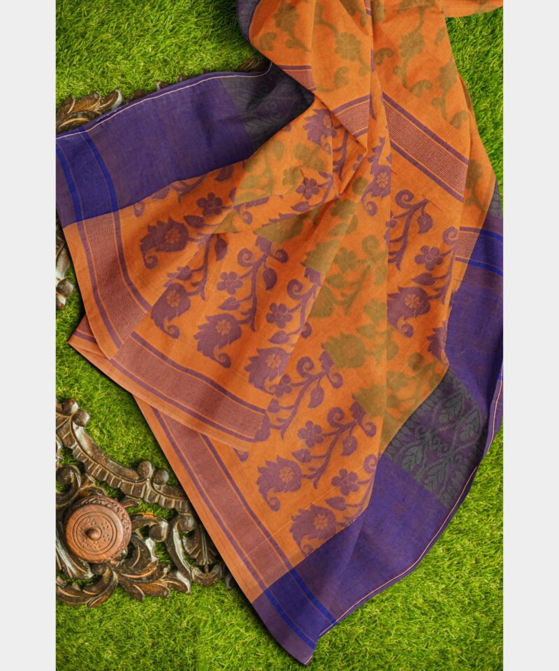 Mayabi Women's Pure Cotton Dhakai Jamdani Tant Saree with All Over Floral Work, Without Blouse Piece - Dusty Orange - Image 2