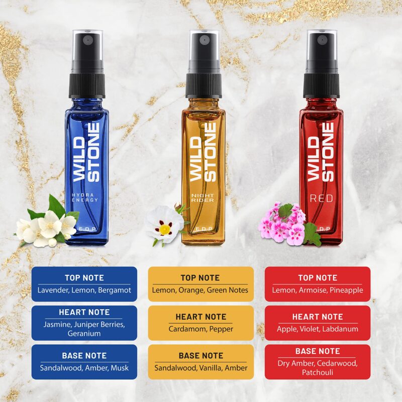 Wild Stone Fragrance Gift Set with Ultra Sensual, Forest Spice, Red, Hydra Energy, Edge and Night Rider Perfume for Men, Pack of 6 (8ml each) - Image 6