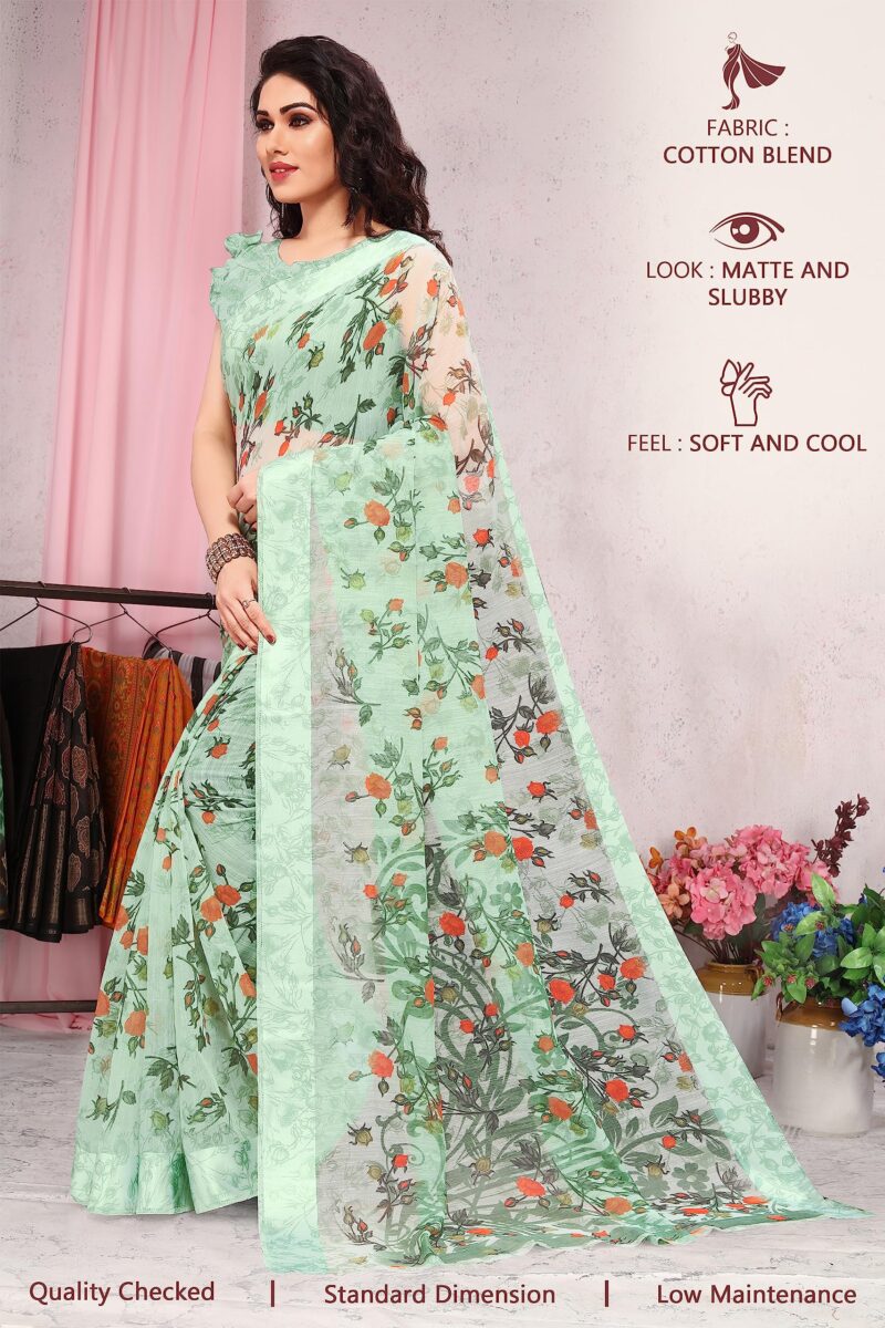 MIRCHI FASHION Sourbh Women's Fancy Cotton Blend Tropical Floral Printed Saree with Blouse Piece (20462-Seafom Green) - Image 6