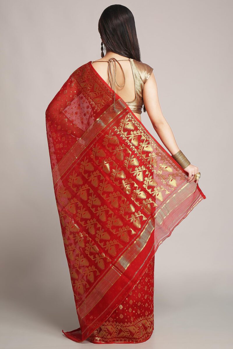WoodenTant women’s cotton silk golden zari dhakai jamdani saree without blouse piece_(Red) - Image 6