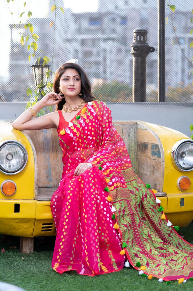Rupanjali Jamdani Handloom Woven Pure Cotton Soft Light Weight Saree For Women's - Rani - Image 9